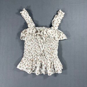 Suite 2939 Smocked Peplum Top Women Size 1 White Floral Excellent Ruffle Strap